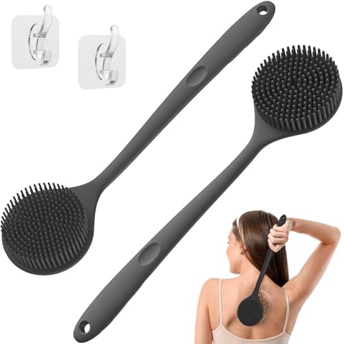 Image of KROYWEN Premium Soft Silicone Back Scrubber Shower Bath Body Brush with Long Handle Dirt Removal Back Scrubber | BPA-Free | For Men and Women (BLACK)(Pack Of 2)