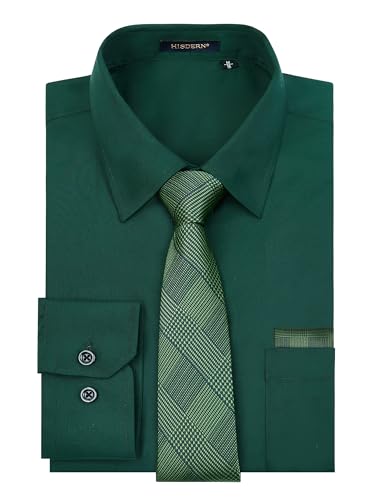 Mens Dress Shirt Long Sleeve with Tie Set Formal Button Down Business Green Dress Shirt Matching Tie Pocket Square Set L