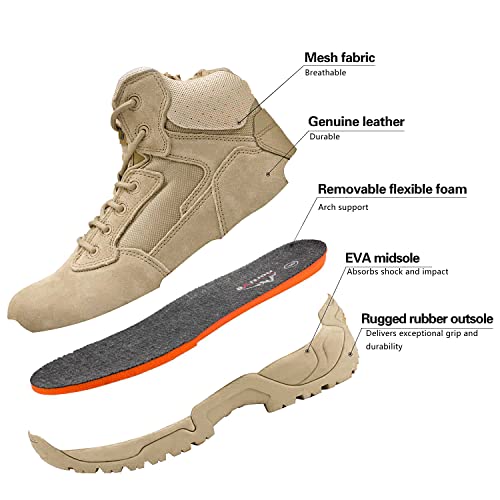 NORTIV 8 Mens Military Tactical Work Boots Side Zip Outdoor Hiking Leather Motorcycle Combat Boots,Size 9.5,Sand-A,ALLOY3