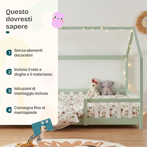 [En.Casa] Letto A Casetta Per Cameretta Con Materasso 120X200 Cm Letto Piazza E Mezza Per Bambini Con Barriere Struttura In Legno Di Pino - Verde/Bianco - 9