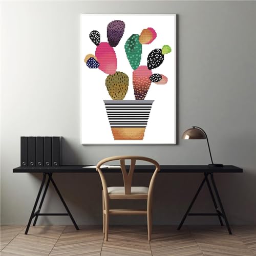 Image of ITSTITCH Stamped Cross Stitch Kits - Full Set of Embroidery for Beginners or Adults,14 CT 2 Strands DIY Colorful Cacti Patterns Counted Arts Craft 11.8x15.7 inch