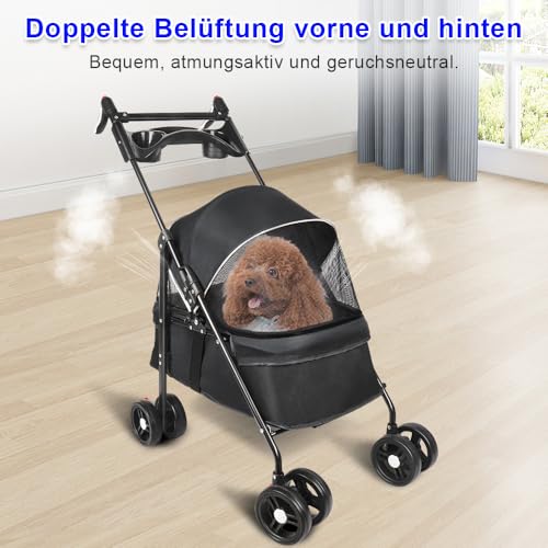 Homewell Klappbarer Haustierwagen mit Getränkehalter, Hundewagen & Katzenwagen, Leicht & Bequem mit Sicherheitsgurt, Atmungsaktiv, Stauraum, bis 20kg (Schwarz)