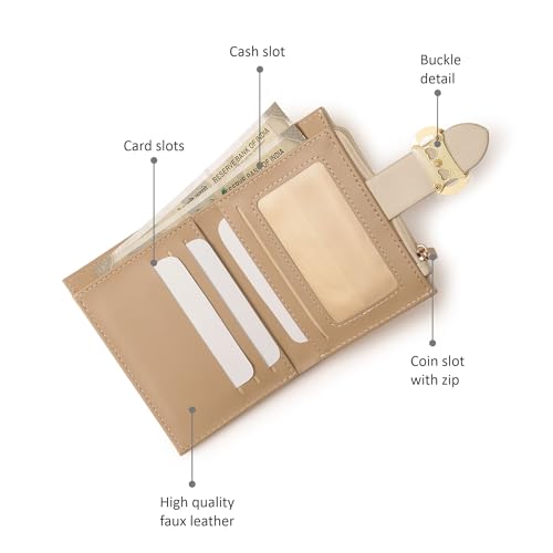 Image of Fastrack Faux Leather Women Buckle Flap Two-Fold Wallet | Multiple Card Slots, Cash Slots, Zip Coin Pocket, Buckle Design Flap | Stylish & Secure | 6 Months Warranty, Beige