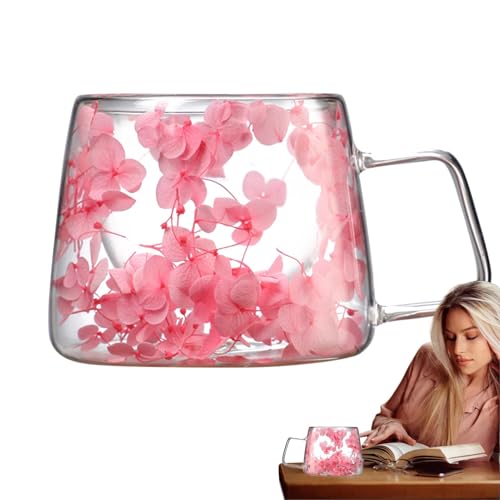 Taza de café con flores secas de doble pared, tazas de vidrio transparente con flores, taza de vidrio resistente al calor de 200 ml con asa, taza de flores creativas para café con leche, jugo de leche