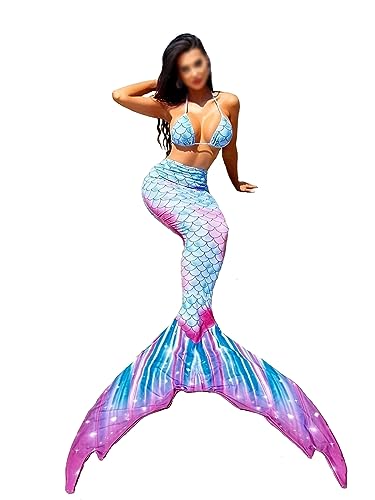LVTFCO Falda Sirena Adulto Verano Tres Piezas Beachwear Cola de Pez Colgando Cuello Traje Etapa Rendimiento Disfraz,Blue-XS