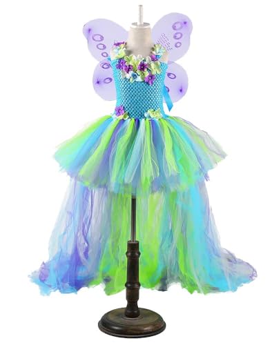 Tutu Dreams Long Train Fairy Princess Dress for Girls 1-8Y with Wings Set Birthday Party (Green, XX-Large)