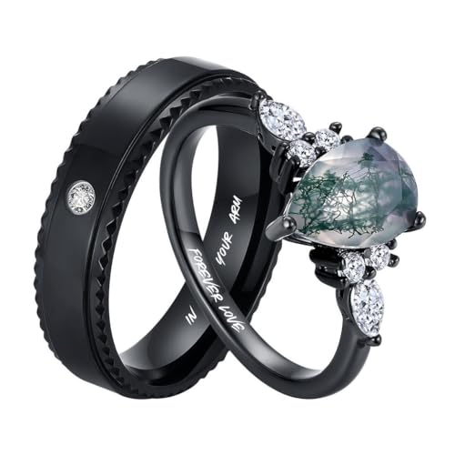 Customizable Engravable Black and Moss Stone Couples' Rings - Pear-Cut Women's Ring - Personalized His and Her Matching Unique Jewelry - Ideal for Couples