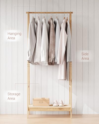 Clothing Rack with Storage Shelf, Bamboo Freestanding Garment Rack for Bedroom, Balcony, Clothes Store, Clothing Storage Organizer, Heavy Duty Clothes Rack for Hanging Clothes, Coats, Skirts, Shoes