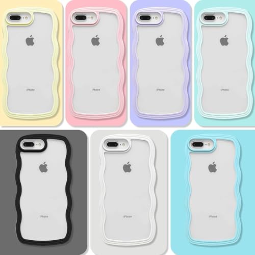 Image of GoldKart iPhone 7 Plus / 8 Plus Case Wavy Edge Clear Back Design, Anti-Slip Grip Cute Wave Curly Frame Shape Shockproof Soft TPU & Hard PC Bumper Protective Phone Case Cover for Women Girls Blue