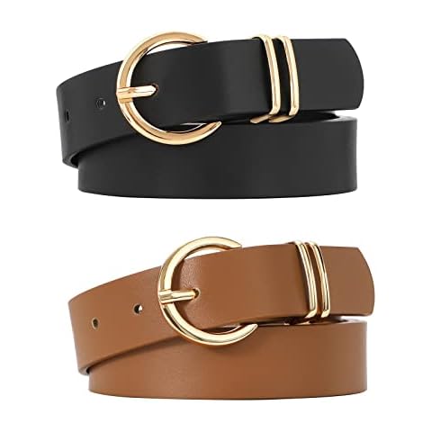 JASGOOD 2 Pack Women’s Leather Belts for Jeans Dresses Fashion Gold Buckle Ladies Waist Belt,Black+Brown,M:Fit Waist Size 32-37 inches Cover