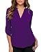 roswear Women's Casual V Neck Cuffed Sleeves Solid Chiffon Blouse Top Purple Medium