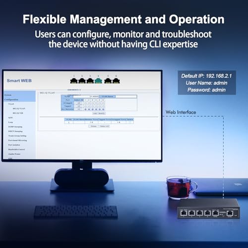 Image of 6 Port 10G Switch, 4 x 2.5G RJ-45 Base-T Ports, 2 x 10G RJ-45 Ports, Web Managed /Unmanaged, Metal Fanless Managed Multi-Gigabit Desktop /Wallmount Binardat Network Switch