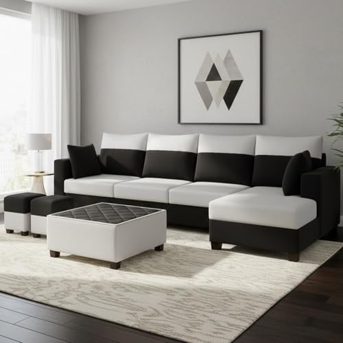 Image of FURNY Arissa 8 Seater Fabric RHS L Shape Sofa Set with 1 Centre Table & 2 Puffies (Light Grey-Black) Premium Velvet Finish | Ideal of Living Room