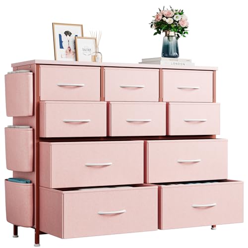 Crevyteg Fonctionnalité élégante – Commode à 10 tiroirs en Tissu, Poches latérales, Crochets, Structure métal, Plateau Bois – Rangement Chambre,...