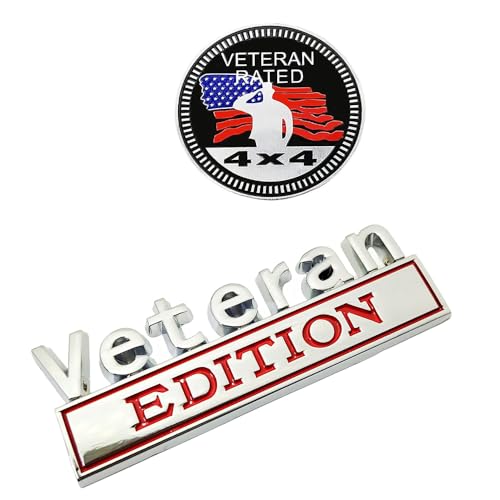 Image of Pair Set Veteran Edition Rated 4x4 Emblem Metal Badge Nameplate Sticker Replacement for Universal Vehicle, Truck, SUV,Motorcycle, Rear Trunk Decals (Silver Red)