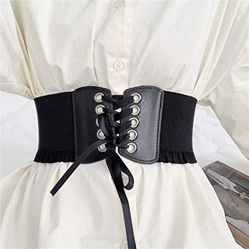 Womens Lace-up Corset Cinch Waistband Waspie Elastic Waist Belt Retro Tied Wide Belt Vintage Bandage Elasticity Girdle Wrap for Girls Halloween Costume – Black YS0012