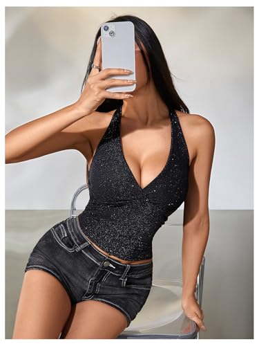 MakeMeChic Women's Sparkly Halter Tops Y2k Backless Deep V Neck Rave Crop Tops4