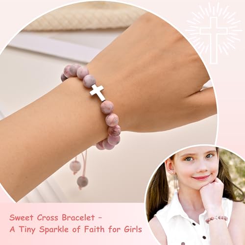 925 Sterling Silver Cross Bracelet for Girls, Christian Gifts for Kids Teens Faith Inspirational Christian Beaded Bracelets Religious Jewelry for First Communion Confirmation Baptism Birthday2