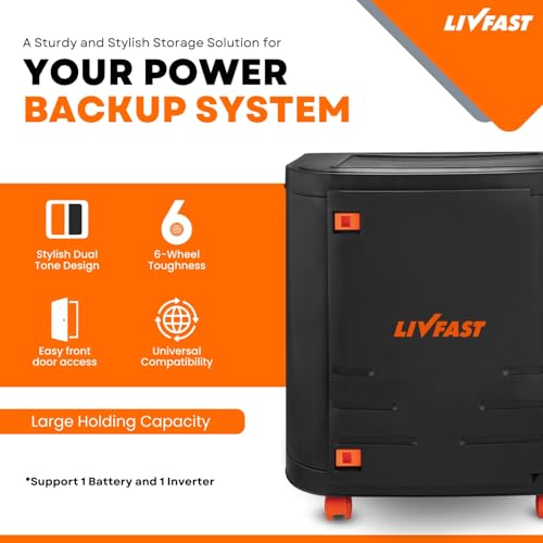 Livfast Inverter Battery Trolley with Covered Box | Support Single Jumbo/Flat Plate/Tall Tubular Battery - Grey Orange view 2