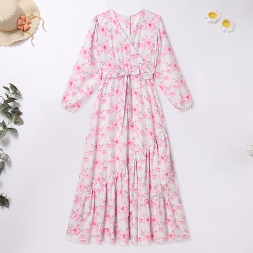 AWIBMK Mommy and Me Matching Dresses Floral Ruffled Hem Long Dress Fall Winter Strawberry Mom Daughter Matching Outfits3