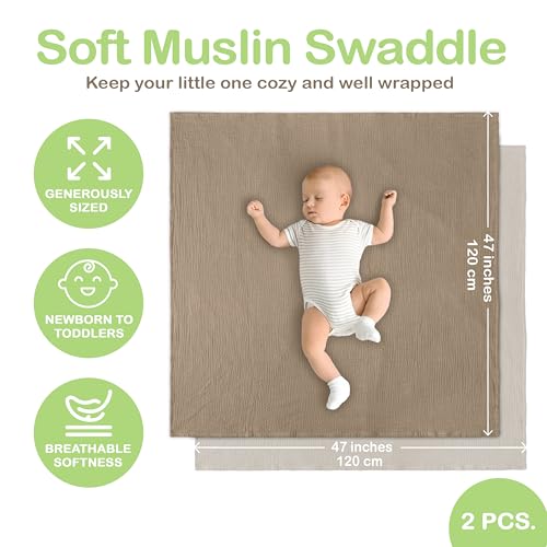 Image of Organic Muslin Baby Blanket 2-Pack Olive & Ivory, 47x47 Inch, 100% Organic Cotton Oeko-TEX Certified Hypoallergenic Swaddle Blanket for Newborn, Boho Nursery
