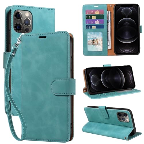 JHWVVTF for iPhone 12 Case Wallet for iPhone 12 Pro Case [RFID Blocking 4 Card Slots] [Kickstand] [Wrist Strap] [Magnetic Closure] Soft PU Leather Shockproof Protective Flip Cover (Green)