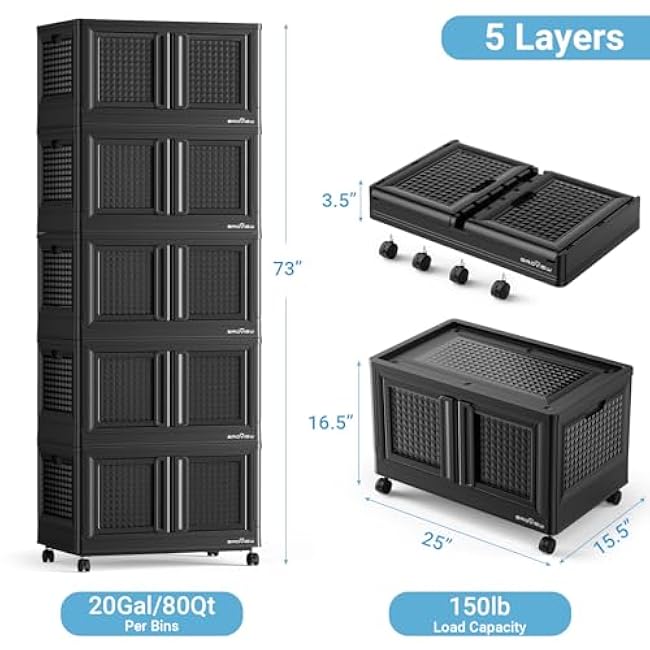 400Qt Storage Bins with Lids, 100Gal Plastic Stackable Collapsible Storage Bins with Doors Wheels, Closet Organizers and Storage, Foldable Box Cabinet for Home Office Garage, 5Pack Black Cube