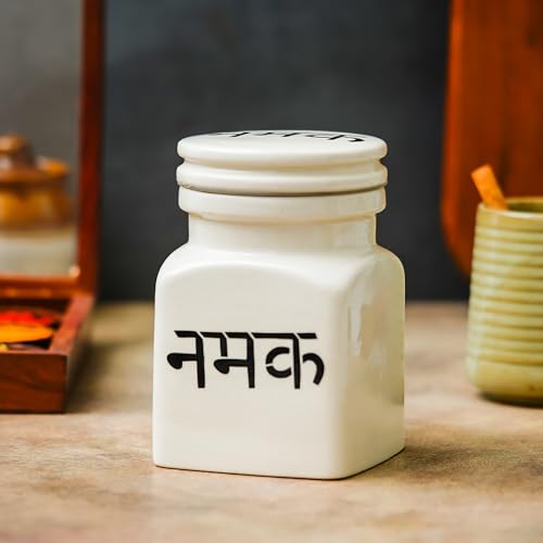 Image of Ceramic Namak Jar with Lid for Kitchen Storage 750 ml | Ceramic Salt Container for Spices & Salt | Multipurpose Airtight Pickle /Barni Storage Jars | Countertop Masala Container for Home Kitchen |White