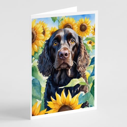 Caroline's Treasures American Water Spaniel in Sunflowers Greeting Cards Pack of 8 Blank Cards with Envelopes Whimsical A7 Size 5x7 Blank Note Cards