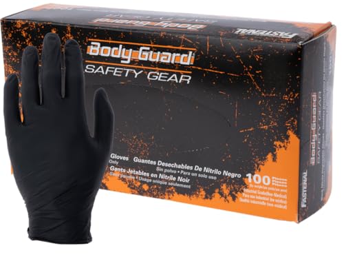 Body Guard Heavy Duty Black Nitrile Gloves | 6 Mil Industrial Mechanic Grade | Powder Free, Full Texture Grip, Chemical Resistant | Ideal for Auto Repair, Painting & Tattoo | Size Medium (Box of 100)