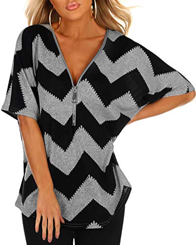 YOINS T-Shirt Femmes D'été Top Manches Courtes Carmen Chemise Femme Blouse Femme Chic Tunique Fermeture Éclair Noir XXL Cover