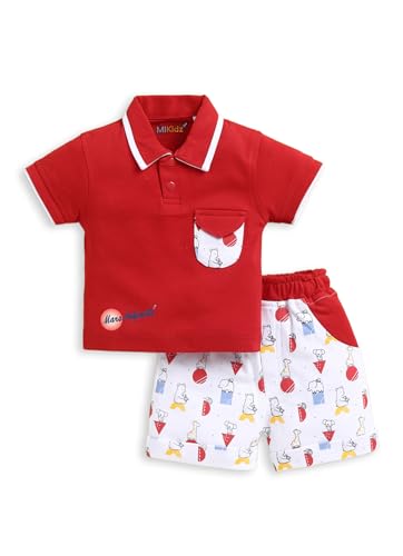 Image of Pure Cotton Collared T-Shirt and Half Pant Set for Kids