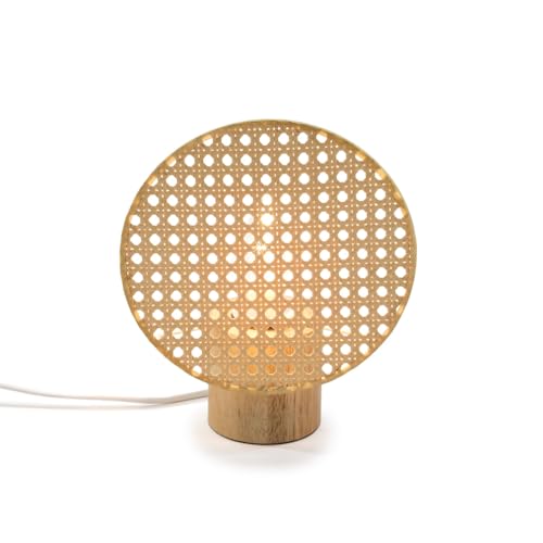 Els Banys Lámpara de mesa con base de madera y pantalla de mimbre sintético – Casquillo E27 – Diámetro 20 cm – Altura 30 cm – Estilo natural moderno – Compatible con LED o bajo consumo