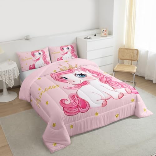 Image of Erosebridal Pink Unicorn King Bed Comforter Set for Girls | Kawaii Princess Unicorn Bedding Set Cute Stars Reversible Bed Sets Girly Cartoon Horse Quilt Comforter Fantasy Girls Room Decor,3 Pcs