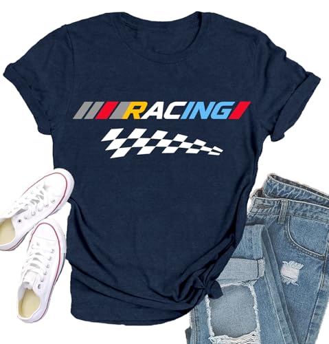 Qskall Racing Shirts for Women Race Day T Shirt Racing Plaid Tee Tops Blue