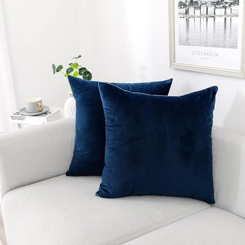 Image of 5-Piece Velvet Cushion Covers, 14x14 inch, Dark Blue | Soft Solid Decorative Throw Square Pillow Cases Modern Luxury Home Decor for Couch Sofa Bedroom Livingroom