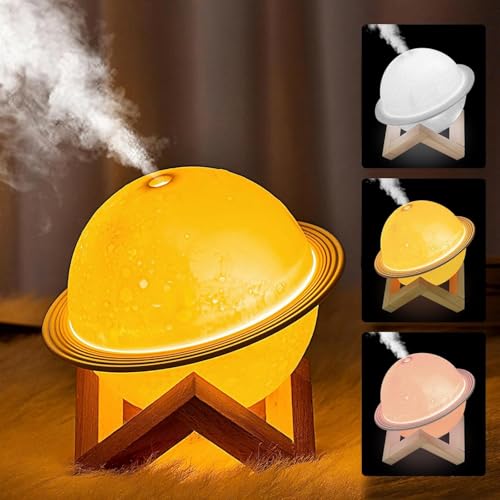 Athvcht 加湿器 小型 卓上 超音波【惑星加湿器・間接照明・アロマデュフューザー】一台三役 アロマ対応 除菌 卓上 3色ライト 土星 惑星ランプ 静音 200ML 軽量 USB給電 持ち運び便利 コンパクト 空焚き防止 2段階ミスト 秋冬乾燥対策 花粉対策 次亜塩素酸水対応 ミニ 水漏れ防止 オフィス/部屋/寝室/車用/家庭用
