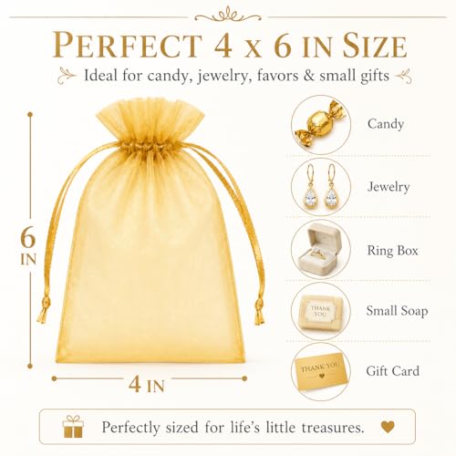 Image of Hopttreely Gold Organza Bags 4x6 Inch, Premium Mesh Drawstring Gift Bags for Party Favors, Jewelry Packaging, Wedding Candy, Christmas, Small Business Supplies, 50 Pcs