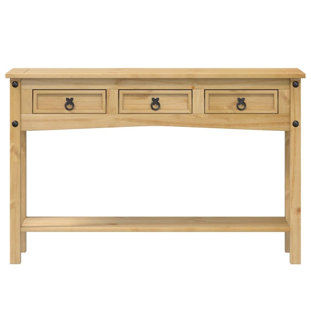 Tavolo consolle Corona in legno di pino massiccio con finitura a cera di miele, 114 x 34,5 x 73 cm, tavolino con 3 cassetti, tavolino da caffè stabile per soggiorno e camera da letto