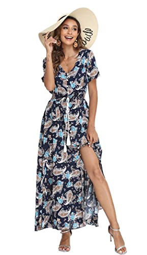 Image of VintageClothing Women's Floral Maxi Dresses Boho Button Up Split Summer Casual Long Dress Beach Party Dress