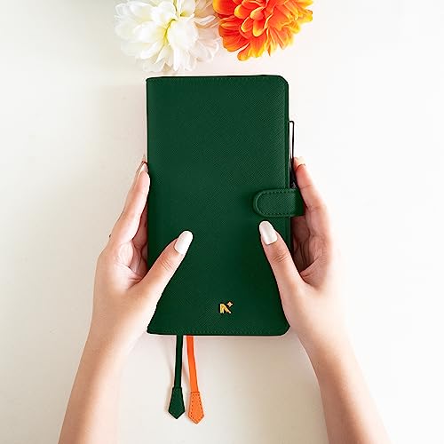 Image of NEORAH- PETITE Notebook SLEEVE with SNAP Button -[SLEEVE ONLY]|Vegan Leather|Office Diary Holder with Penloop|2 Front & 1 Back Pocket|4 Card Slots|2 BookMarks -Fits any PETITE Softcover - DARK GREEN