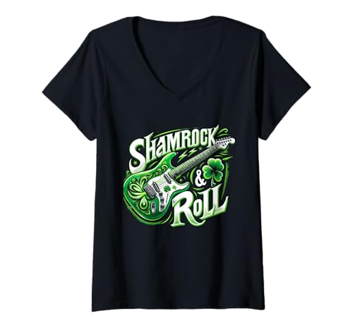 Femme Shamrock n Roll Guitare Guitare Rocker St Patrick Day T-Shirt avec Col en V