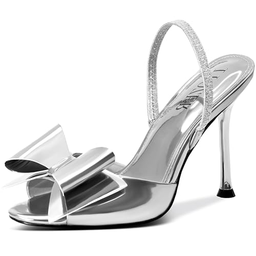 Image of Satin High Heels Slingback Open Toe Mules Sandals Bow Stiletto Sexy Heels Comfortable Wedding Party Shoes