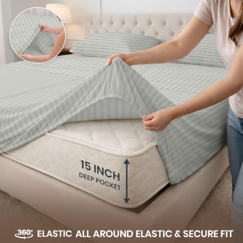 Image of SGI Split King Sheet Set for Adjustable Bed Egyptian Premium Cotton 600 Thread Count Sheet for Sleep Number Bed 15 inch Deep Pocket 5 Pc Set with 2 Twin XL Fitted Sheets Soft Breathable -Light Grey Stripe