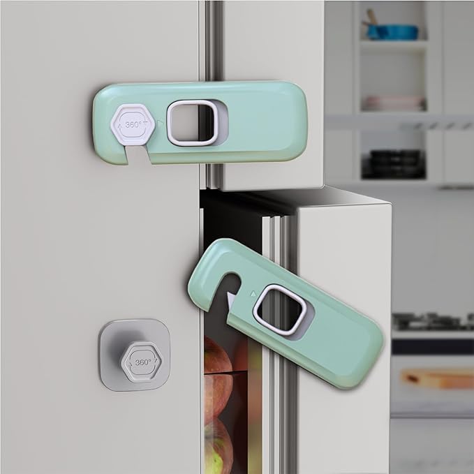 Image of 2 Pack Child Proof Refrigerator Lock, Fridge, Cabinets, Freezer Door Lock Apply to Max 1 inch(25mm) Sealing Strip for Toddlers and Kids, No Tools Need or Drill - Grey (Green, 2) | Self Adhesive, Heavy Duty, Strong Adhesive, 360 Degree Rotating
