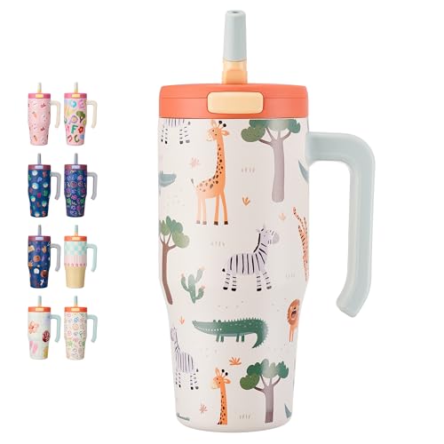 Fijinhom Insulated Tumbler with Handle and Straw, 24 oz, White Zoo