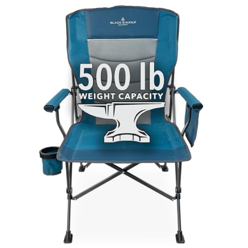 Black Sierra Oversize Camping Chair for Adults Supports 500 lbs, XL Heavy Duty Hard Arm Folding Chair, Steel Frame Durable Padded Outdoor Seat, Portable Fold Up Chair w/Cup Holder and Storage Bag