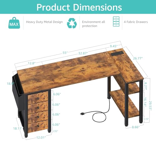 Lufeiya L Shaped Computer Desk with Drawers & Storage Shelves, 55 Inch Corner Desk with Power Outlet for Home Office Bedroom, L-Shaped Teen PC Gaming Desks with Fabric Drawer, Rustic Brown