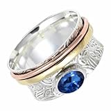 SILVERTROVE Anillo de meditación con gemas Zafiro azul cultivado en laboratorio de plata esterlina maciza 925, para hombres y mujeres, CRG1215AO_59 (18.8)