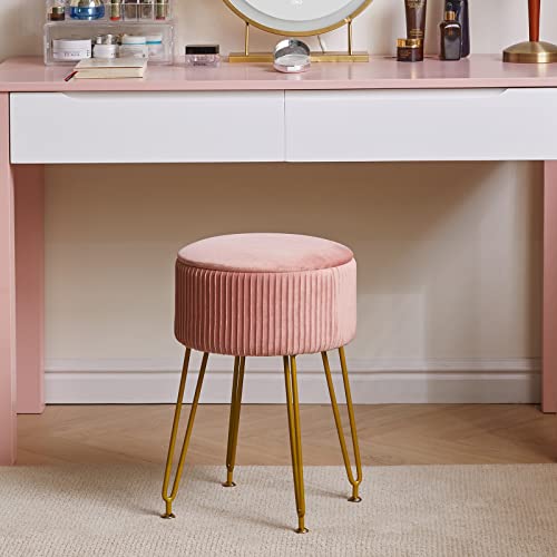 IBUYKE Fluwelen Opslag Voetsteun Kruk Ottomaanse, Make-up Vanity Kruk Bijzettafel met Gouden Stalen Benen Verwijderbare Cover, Salontafel Top Cover, Roze L/G-20P - Afbeelding 5